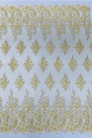 Metallic Corded Lace - Gold - Paisley Floral Fabric with Metallic Thread on a Mesh Lace By Yard