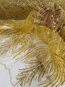 Beaded Lines Fabric - Gold - Luxury Beads and Sequins Line Design Fabric By Yard