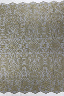 Fancy Damask Lace Fabric - Gold on Black - Embroidered Damask Design Mesh on Lace Fabric by Yard