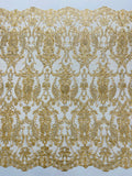Damask Rhinestone Fabric - Gold - Beaded Embroidery Corded Lace Fabric Sold by Yard