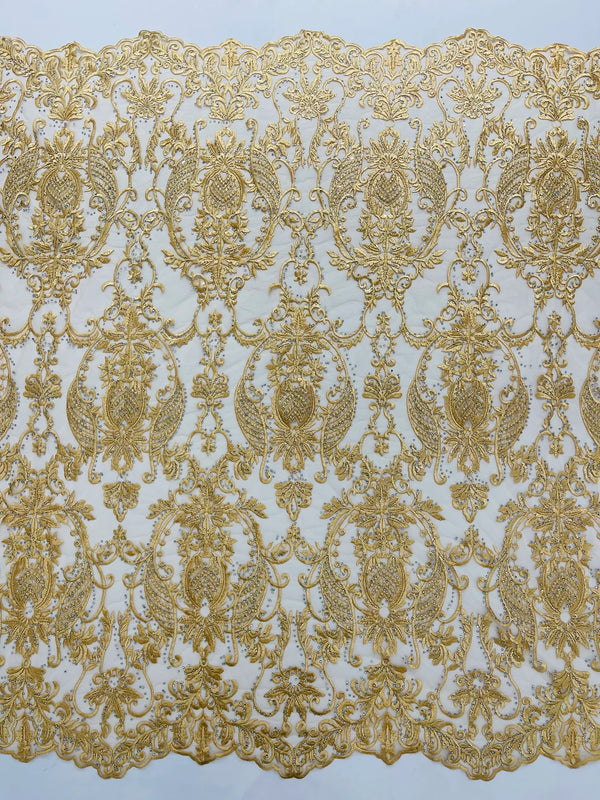 Damask Rhinestone Fabric - Gold - Beaded Embroidery Corded Lace Fabric Sold by Yard