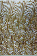 Curvy Line Design Fabric - Gold - 4 Way Stretch Sequins Design Mesh Lace Fabric by Yard