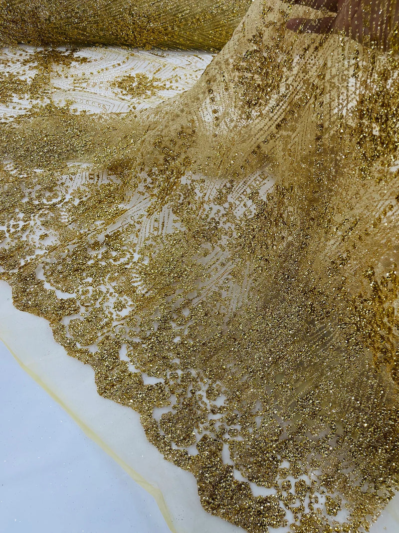 Damask Glitter Fabric - Gold - Geometric Glitter Design Fabric on Mesh by Yard
