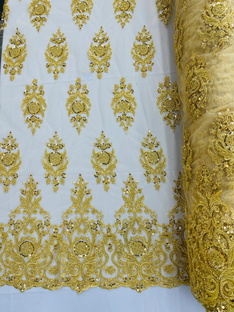 Floral Bead Embroidery Fabric - Gold - Damask Floral Bead Bridal Lace Fabric by the yard