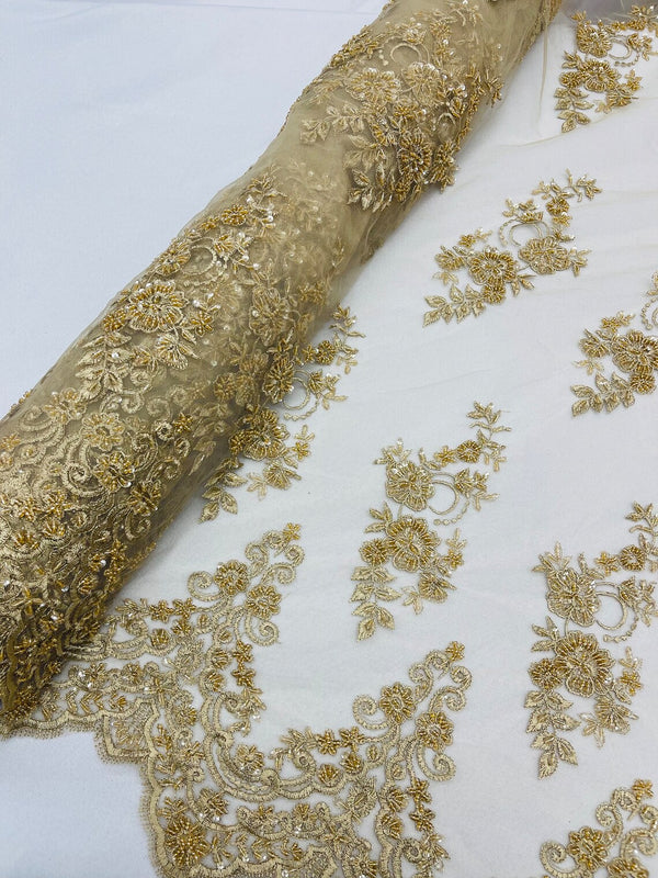 Beaded Floral Fabric - Gold - Embroidered Flower Cluster Beaded Fabric Sold By Yard