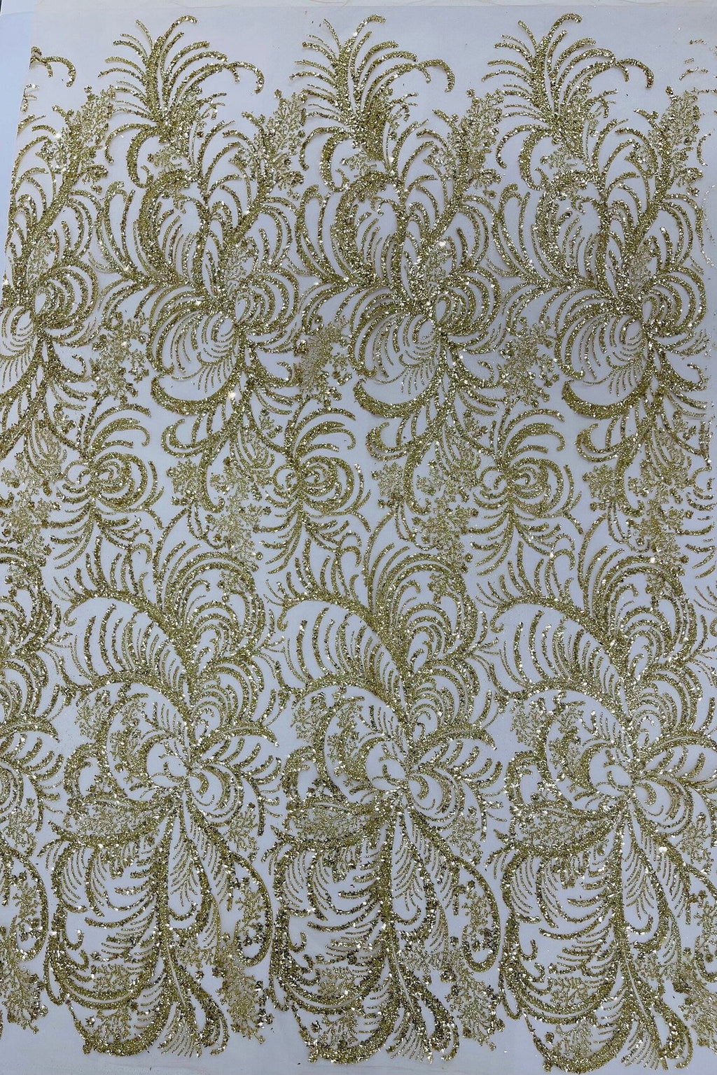 Glitter Palm Leaf Design Fabric - Gold - Tulle Mesh Glitter Leaf Design Fabric Sold By Yard