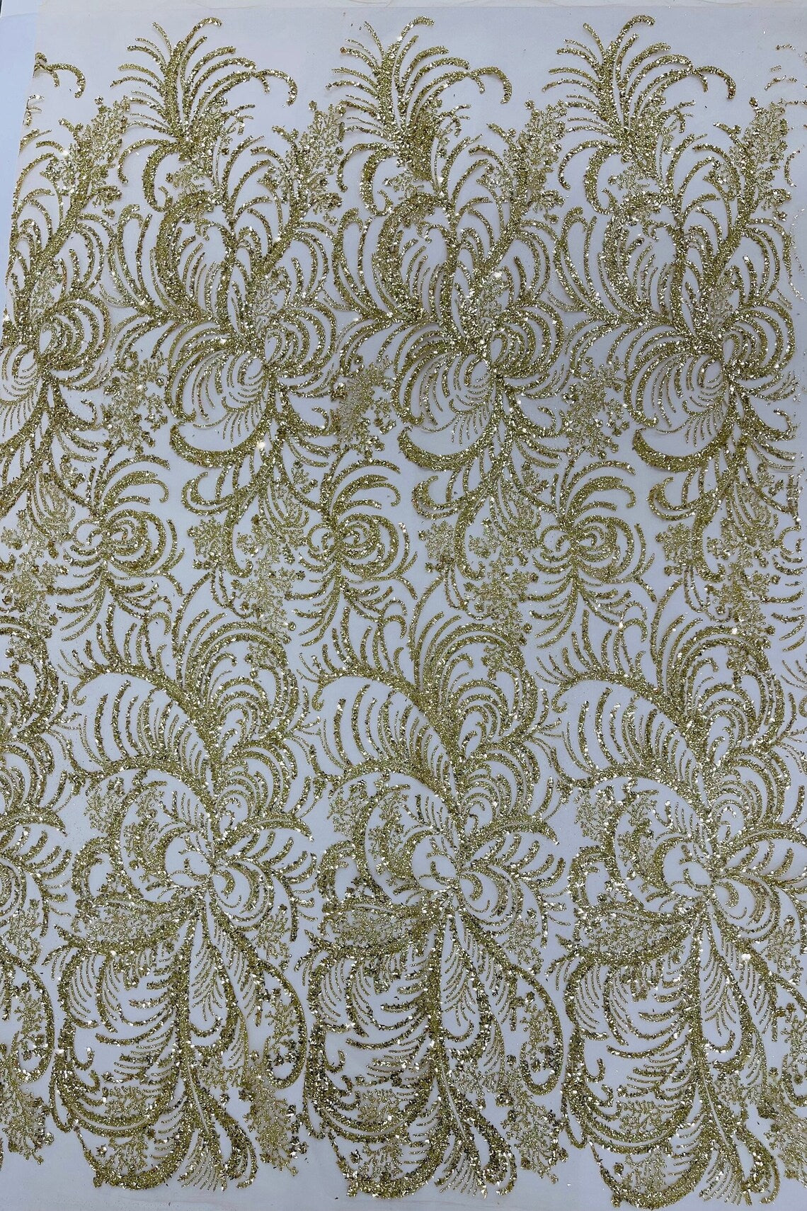 Glitter Palm Leaf Design Fabric - Gold - Tulle Mesh Glitter Leaf Design Fabric Sold By Yard