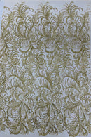 Glitter Palm Leaf Design Fabric - Gold - Tulle Mesh Glitter Leaf Design Fabric Sold By Yard