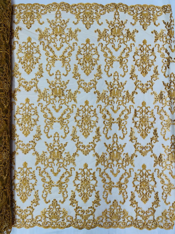Butterfly Bead Sequins Fabric - Gold - Damask Beaded Sequins Lace Fabric by the yard