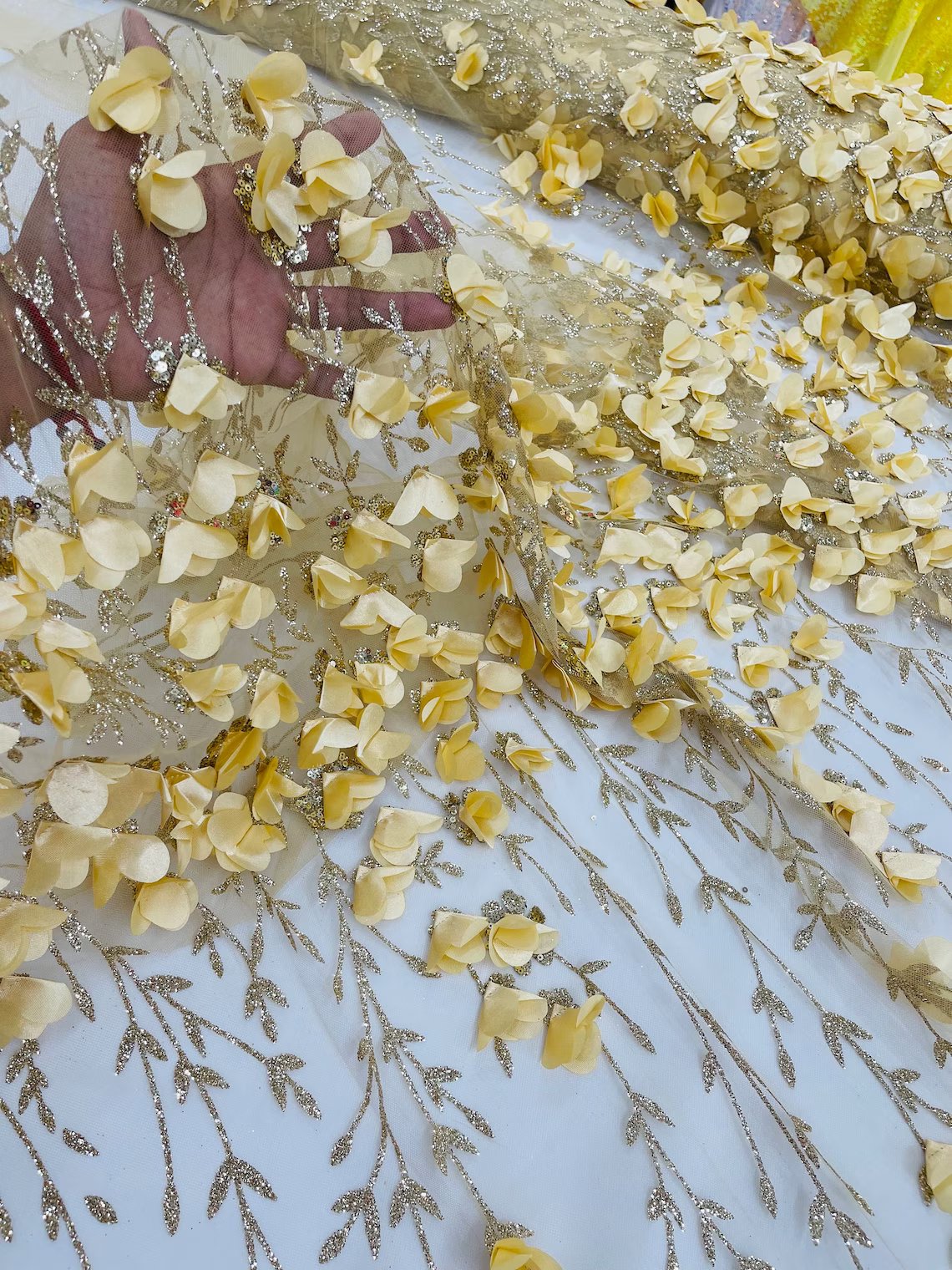3D Flower Glitter Fabric - Gold - Flower Design on Glitter Mesh Fabric Sold By Yard