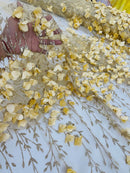 3D Flower Glitter Fabric - Gold - Flower Design on Glitter Mesh Fabric Sold By Yard