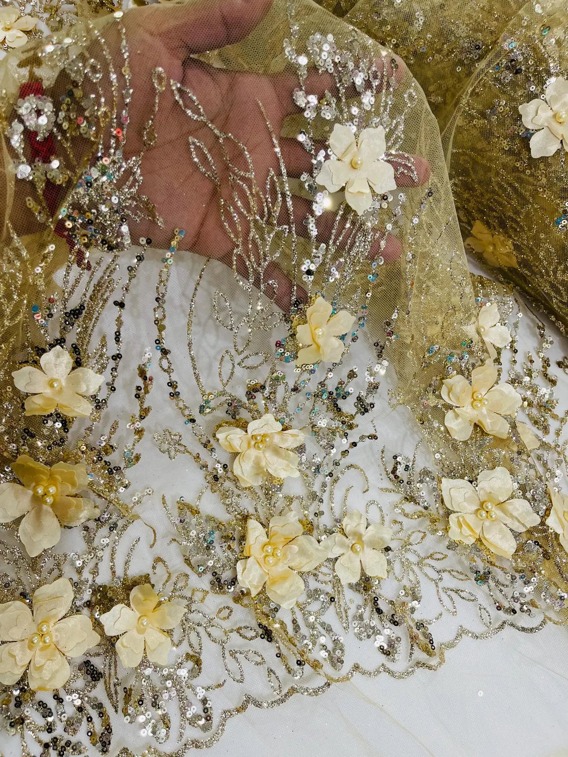 3D Glitter Floral Design Fabric - Gold - Floral Line Design Embroidered Sequins Fabric by Yard