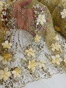 3D Glitter Floral Design Fabric - Gold - Floral Line Design Embroidered Sequins Fabric by Yard