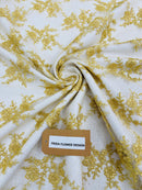Embroidered Corded Lace Fabric - Gold - Cluster Fancy Flower Embroidered Lace Fabric By Yard