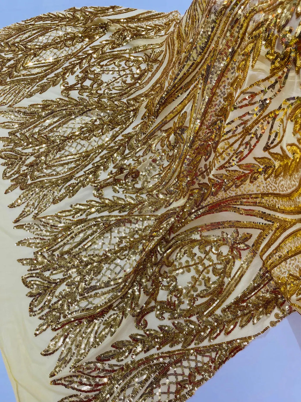 Mermaid Design Sequins Fabric - Gold - Sequins Fabric 4 Way Stretch on Mesh By Yard