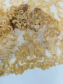King Lace Pattern Fabric - Gold - Embroidered Sequins on Lace Mesh Fabric By Yard