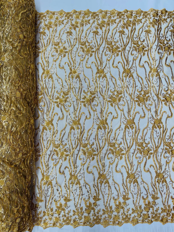 Small Flower Bead Fabric - Gold - Beaded Flower Fabric with Curled Lines Design By Yard