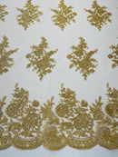 Floral Lace Flower Fabric - Gold - Floral Embroidered Fabric with Sequins on Lace By Yard
