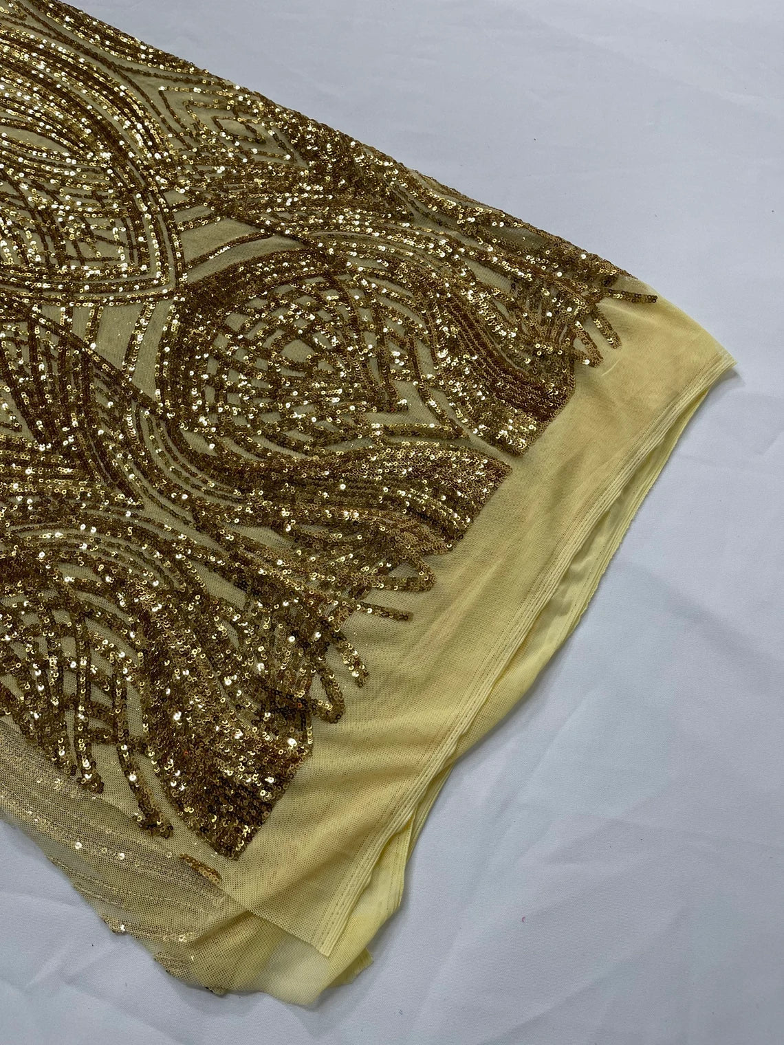 Long Wavy Pattern Sequins - Gold - 4 Way Stretch Sequins Fabric Line Design By Yard