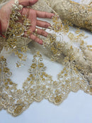 Beaded Floral Fabric - Gold - Embroidered Flower Cluster Beaded Fabric Sold By Yard