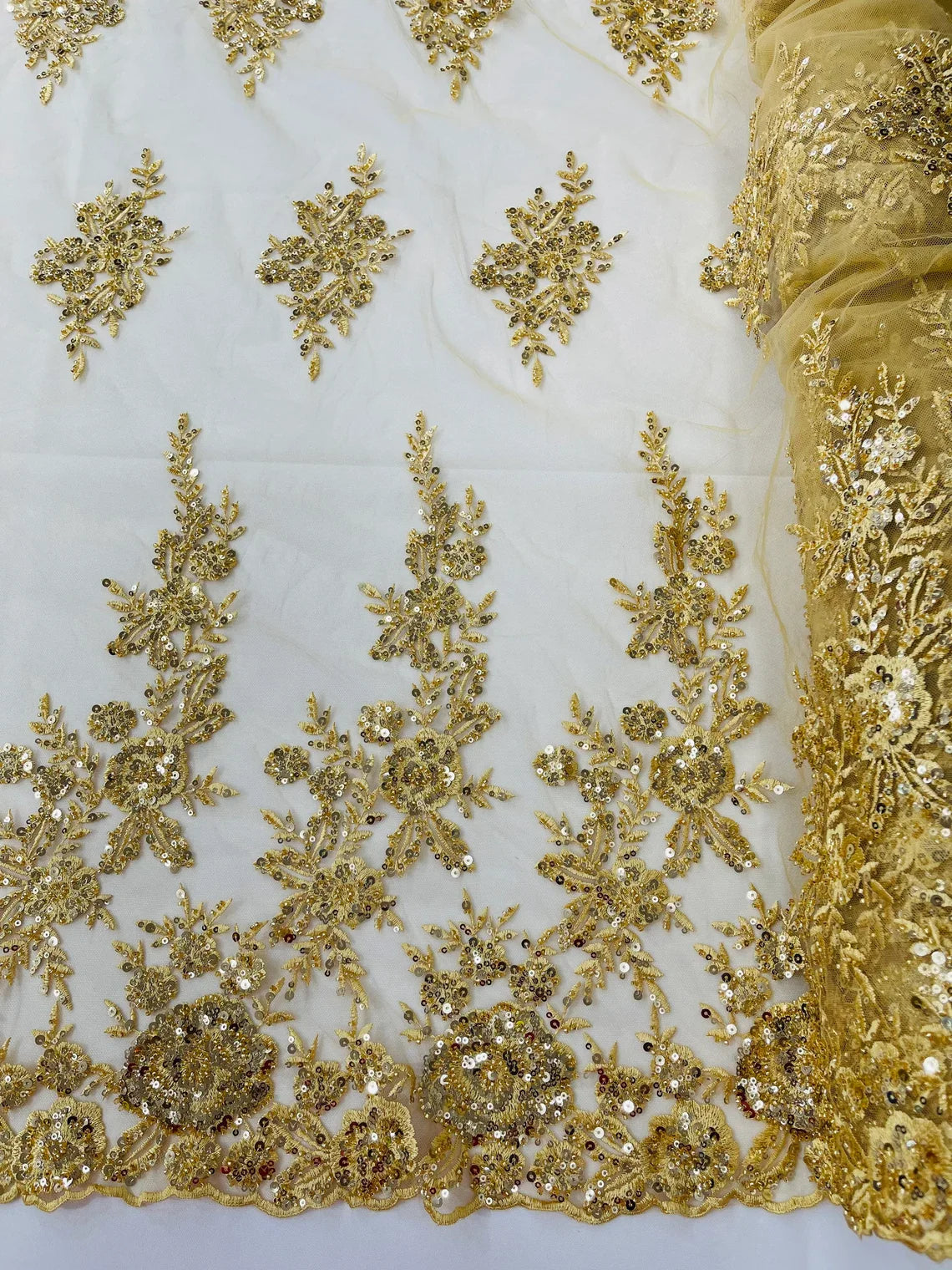 Beaded Rose Flower Fabric - Gold - Embroidered Beaded Long Border Floral Fabric By Yard