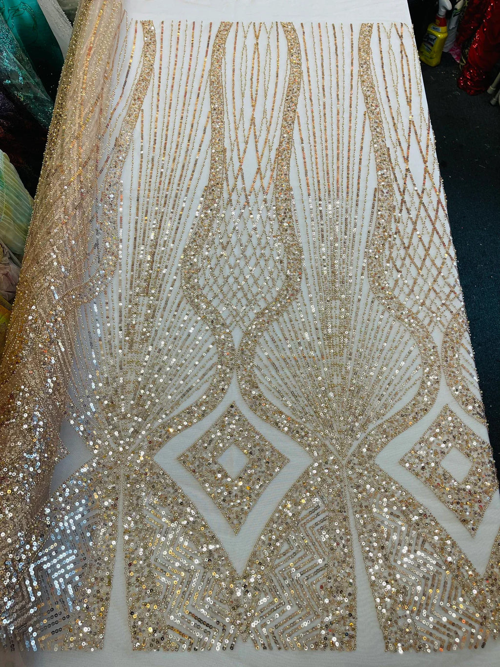 Beaded Diamond Design Fabric - Gold - Beaded Embroidered Diamond Zig Zag Design on Mesh By Yard