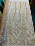 Beaded Diamond Design Fabric - Gold - Beaded Embroidered Diamond Zig Zag Design on Mesh By Yard
