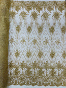 Damask Glitter Fabric - Gold - Geometric Glitter Design Fabric on Mesh by Yard