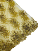 Beaded Flower Cluster Fabric - Gold - Beaded Floral Gaviota Design Embroidered On Mesh Sold By Yard