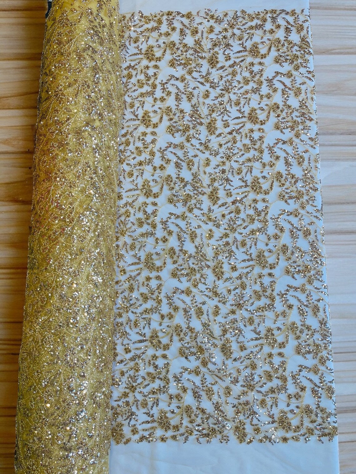 Beaded Floral Plant Design - Gold - Embroidered Beaded Flower Plants Sequins Fabric By Yard