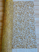 Beaded Floral Plant Design - Gold - Embroidered Beaded Flower Plants Sequins Fabric By Yard