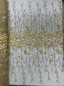 3D Flower Glitter Fabric - Gold - Flower Design on Glitter Mesh Fabric Sold By Yard