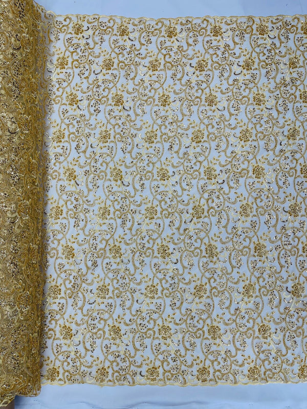 Embroidery Floral Bead Fabric - Gold - Bridal Embroidery Beaded Floral  Fabric Sold by Yard