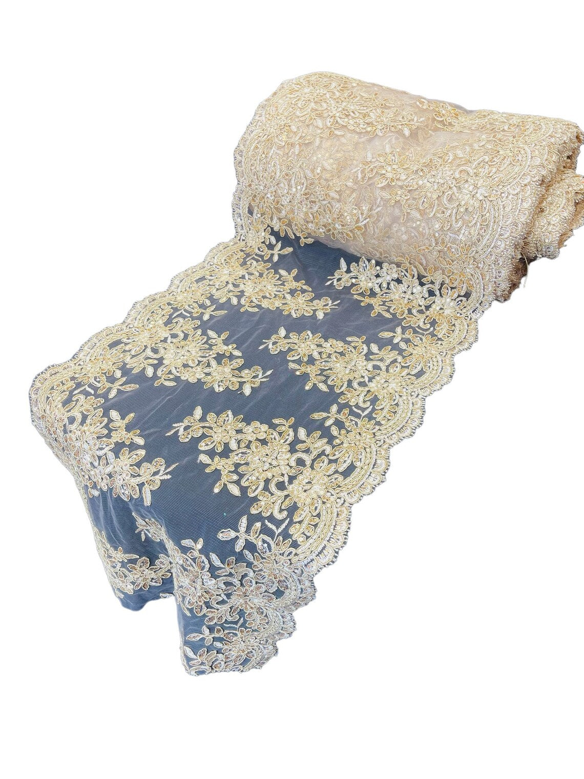 Flower Cluster Lace Sequins Table Runner - Gold - Floral Lace Table Runner Sold By Yard