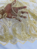 Metallic Corded Lace - Gold - Paisley Floral Fabric with Metallic Thread on a Mesh Lace By Yard