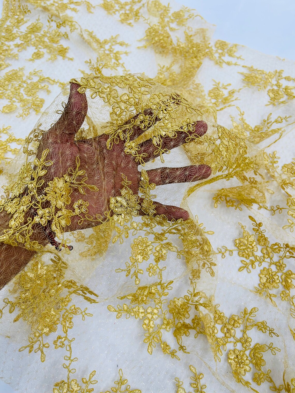 Embroidered Corded Lace Fabric - Gold - Cluster Fancy Flower Embroidered Lace Fabric By Yard