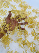 Embroidered Corded Lace Fabric - Gold - Cluster Fancy Flower Embroidered Lace Fabric By Yard