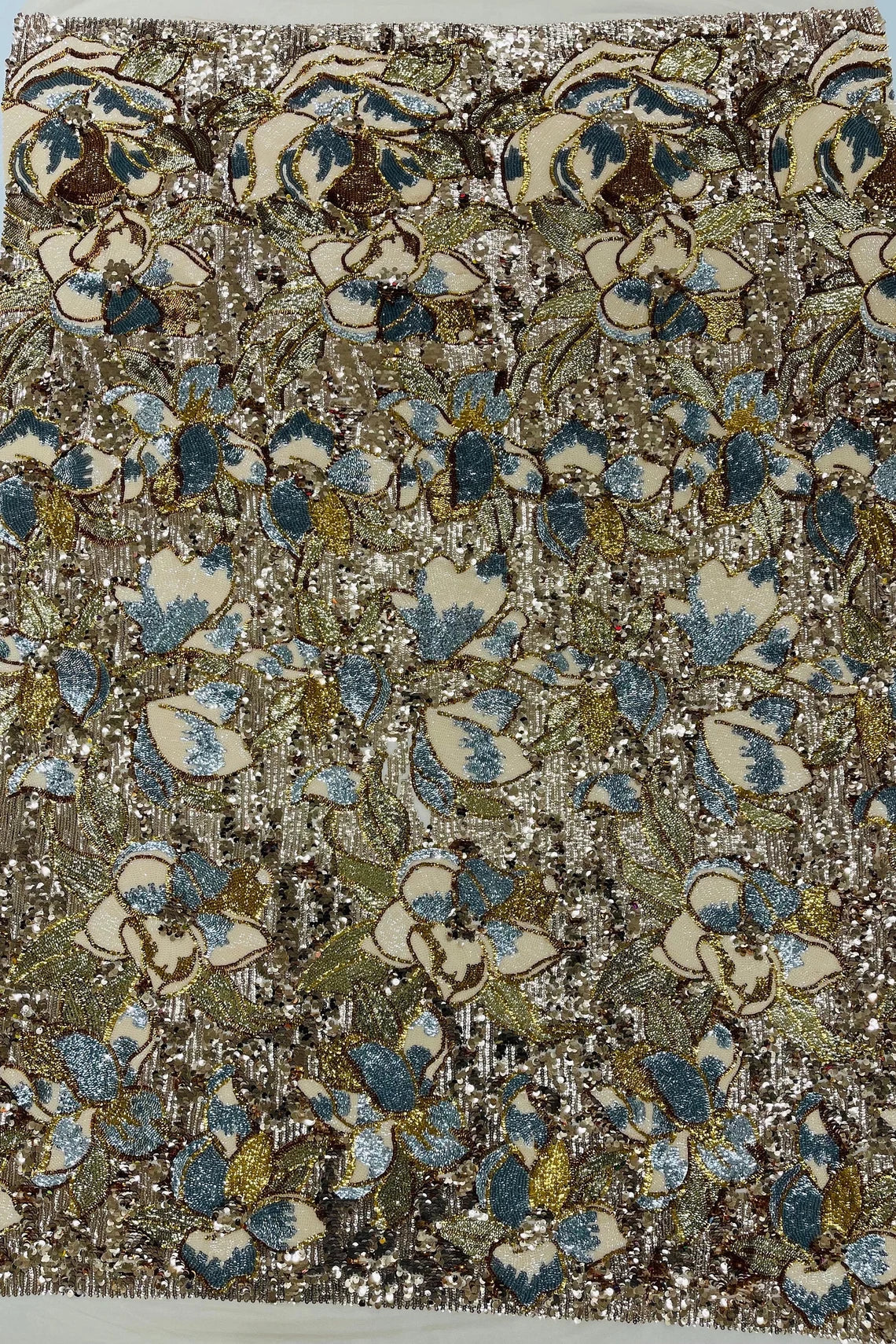 Orchid Design Sequins - Gold - 4 Way Stretch Full Sequins Floral Design Mesh Fabric By Yard