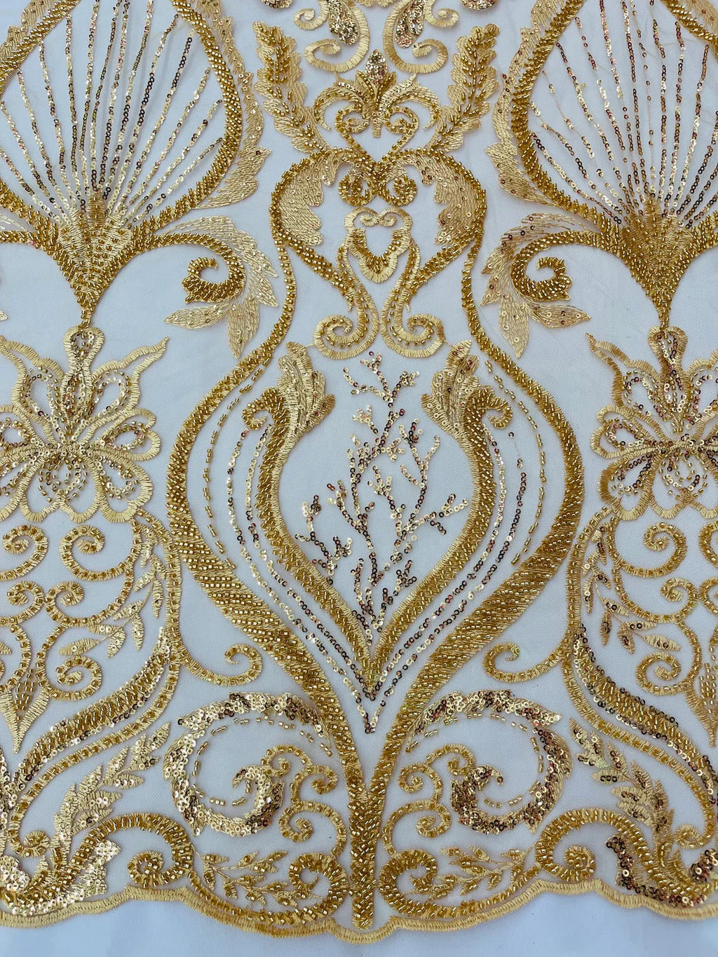 Damask Leaf Bead Fabric - Gold - Heavy Beaded Embroidered Sequins Lace Fabric by Yard