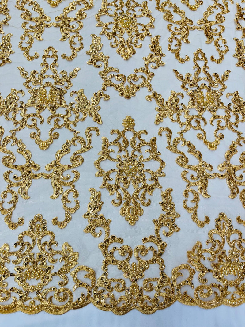 Butterfly Bead Sequins Fabric - Gold - Damask Beaded Sequins Lace Fabric by the yard