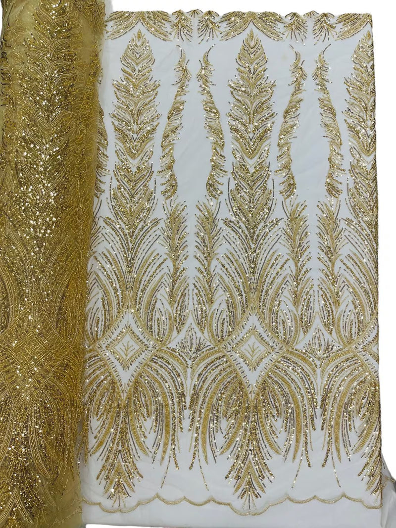 Beaded Lines Fabric - Gold - Luxury Beads and Sequins Line Design Fabric By Yard