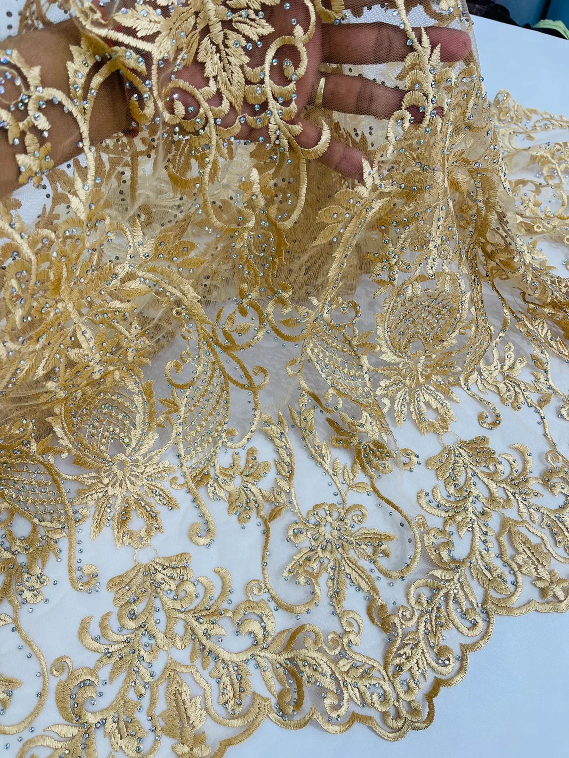 Damask Rhinestone Fabric - Gold - Beaded Embroidery Corded Lace Fabric Sold by Yard