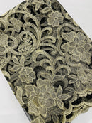 Fancy Damask Lace Fabric - Gold on Black - Embroidered Damask Design Mesh on Lace Fabric by Yard