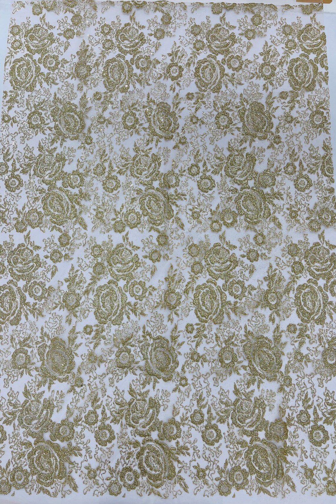 3D Rose Chunky Glitter Fabric - Gold - Rose Floral Design Glitter on Tulle Fabric Sold by Yard