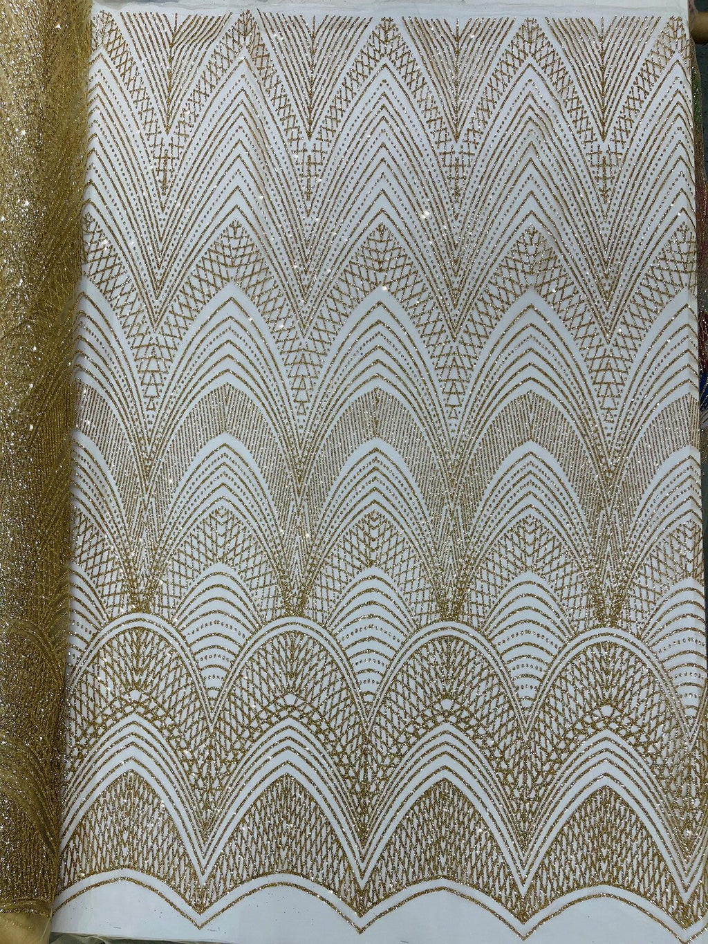 Geometric Glitter Fabric - Gold - Shimmer Glitter Geometric Design Fabric By Yard