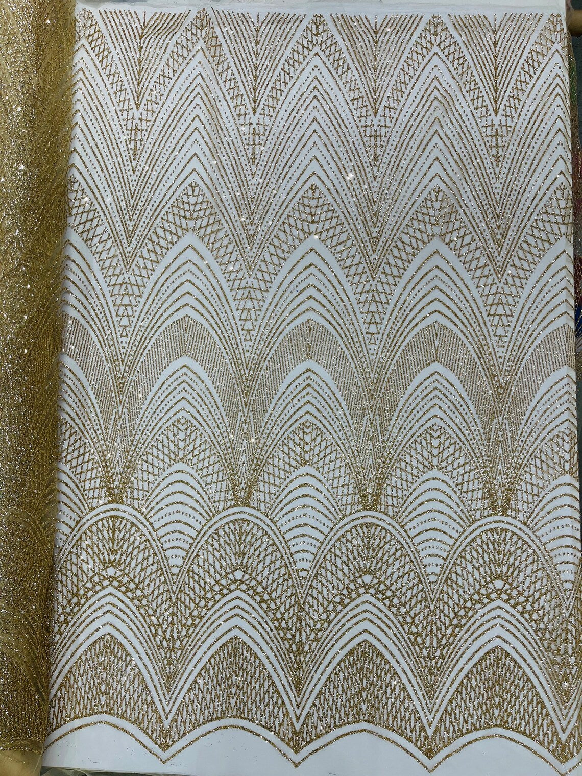 Geometric Glitter Fabric - Gold - Shimmer Glitter Geometric Design Fabric By Yard