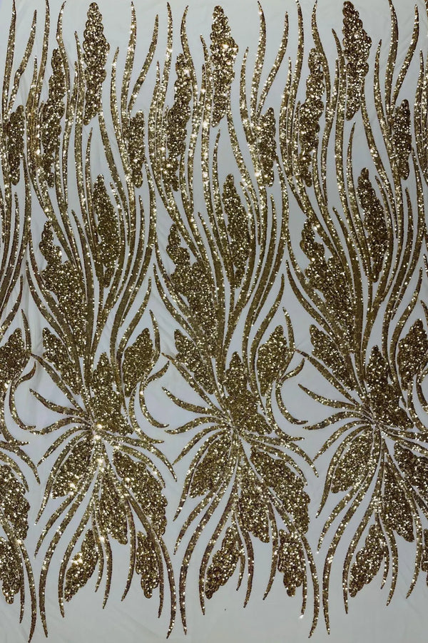 Wavy Leaf Sequins Fabric - Gold - Wavy Lines and Leaves Design on Lace Mesh Fabric by Yard