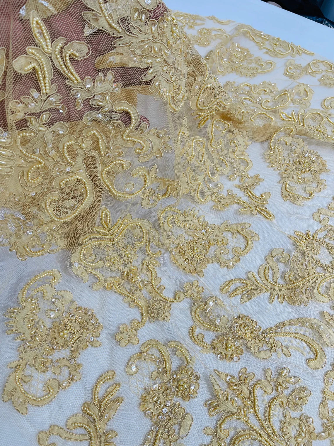 Beaded My Lady Damask Design - Gold - Beaded Fancy Damask Embroidered Fabric By Yard