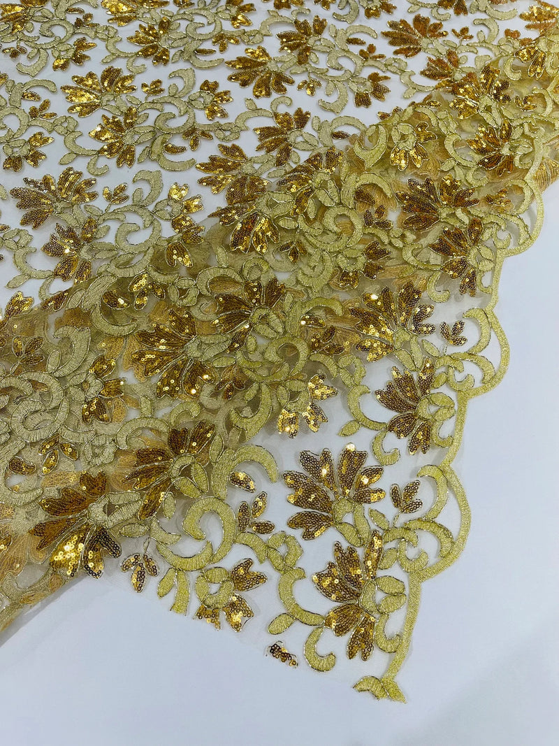 Metallic Sequins Design - Gold - Embroidered Metallic Thread Leaf Pattern Sequins Fabric By Yard