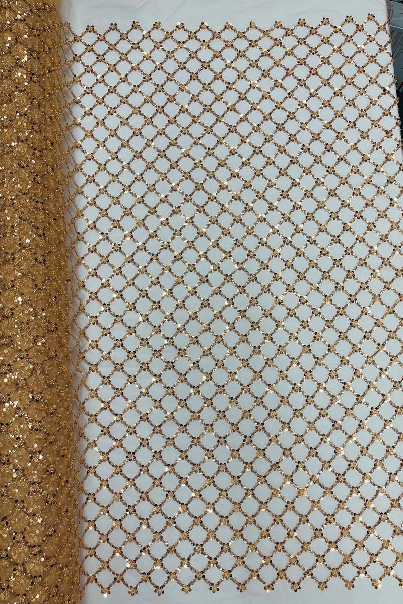 Beaded Diamond Net Fabric - Gold - Embroidered Geometric Beaded Sequins Fabric Sold By Yard